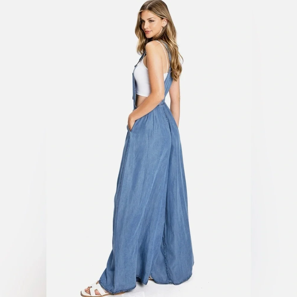 Boho Denim Wide Leg Chambray Overalls Jumpsuit Pockets Boho Summer Casual XXL